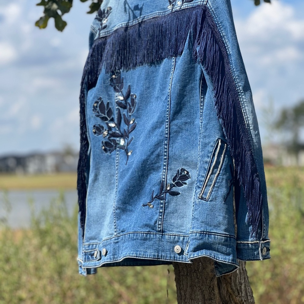 LuLaRoe Blue Jean Jacket with Floral Design with added blue fringe